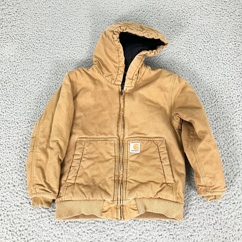 Carhartt Jacket Kids S 7-8 Brown OJ8545-B Active Quilted Lined Canvas Hooded